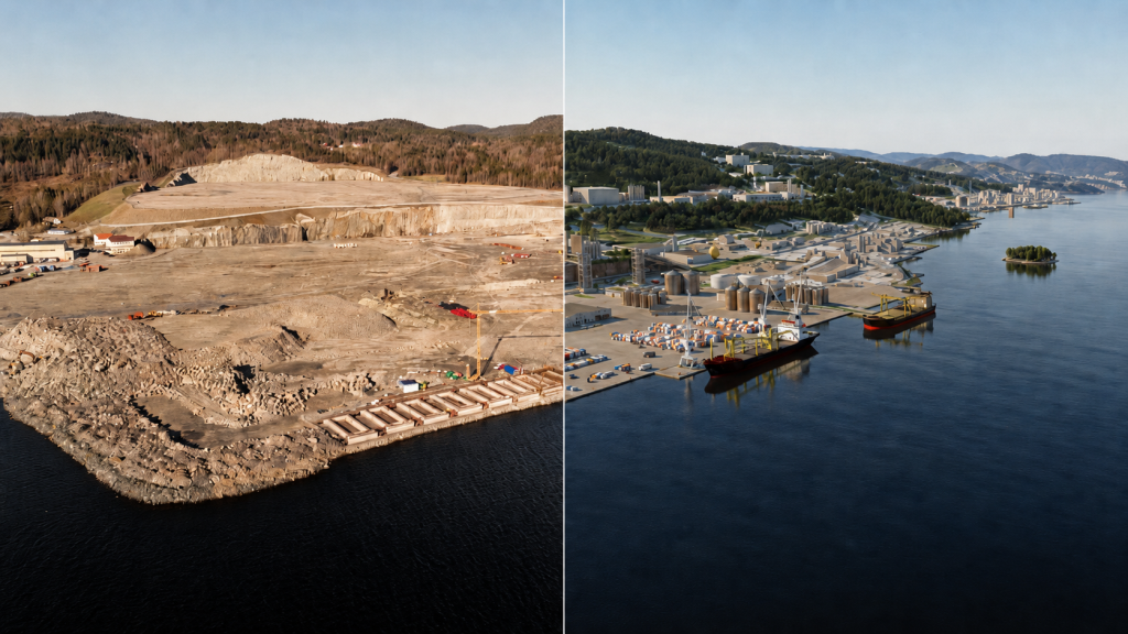 På Frier Vest bygges en ny containerterminal for Sørøst-Norge. Kaia tar form, terminalområdet opparbeides og Grenland Havn ser frem til åpning 1. desember 2026.
